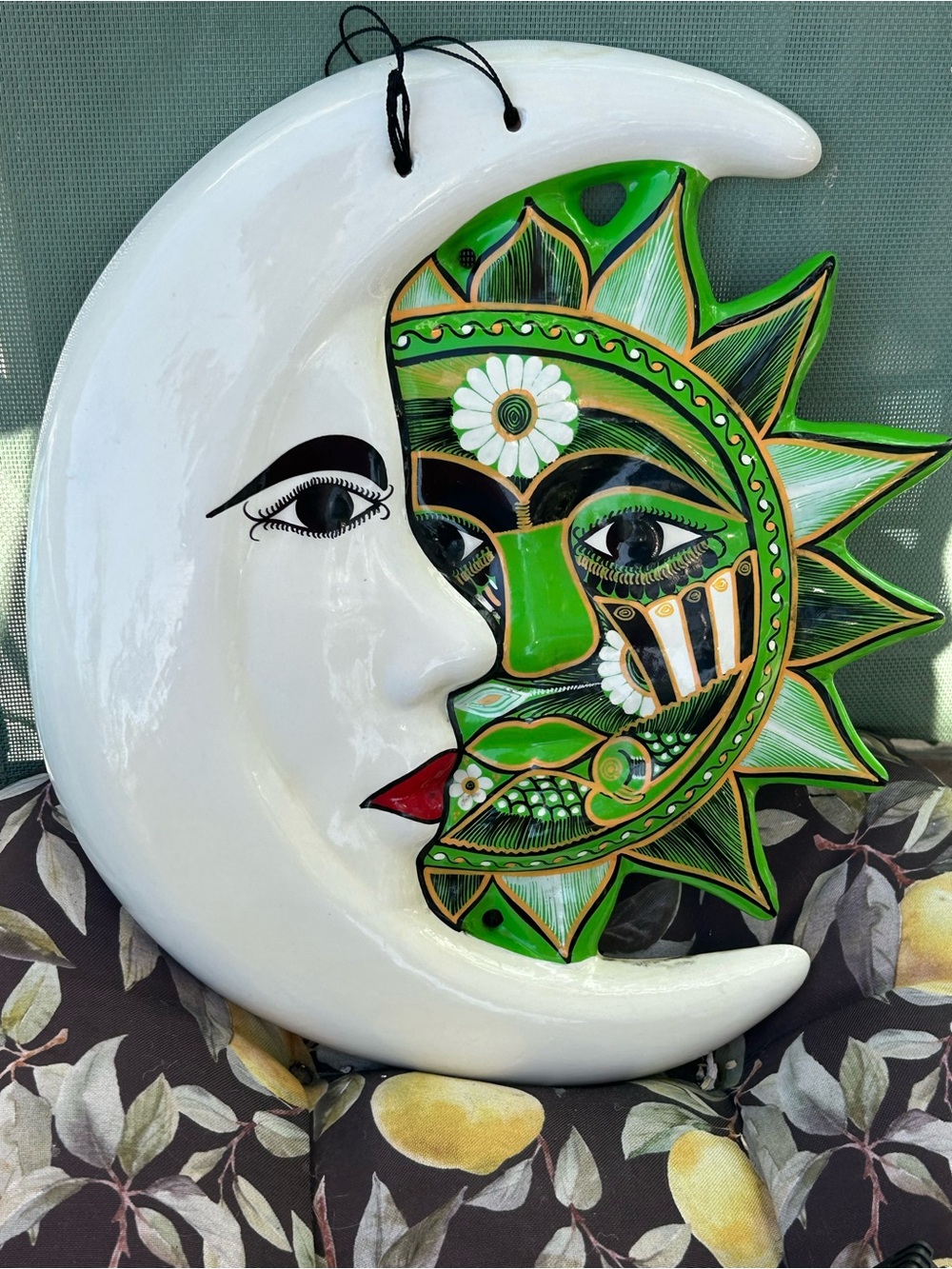 Huge folk art plaque is a hand-painted ceramic "Sol y Luna" Sun Moon and Stars